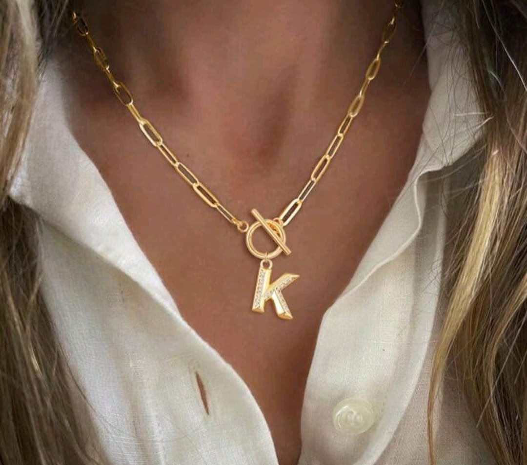 Stainless steel letter pendant  T-bar gold necklace
