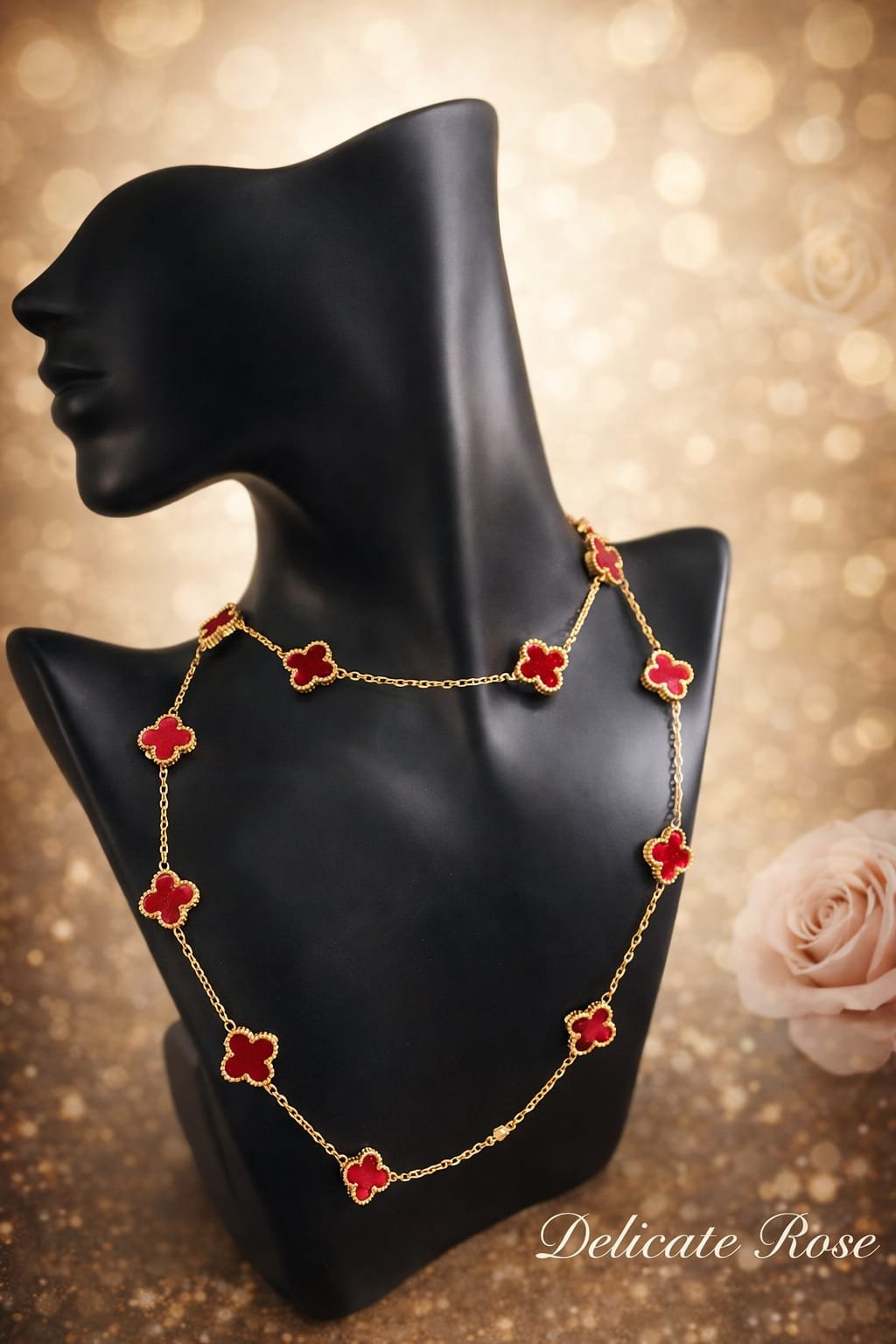 Stainless steel gold and red Vancleve long dbl layer necklace