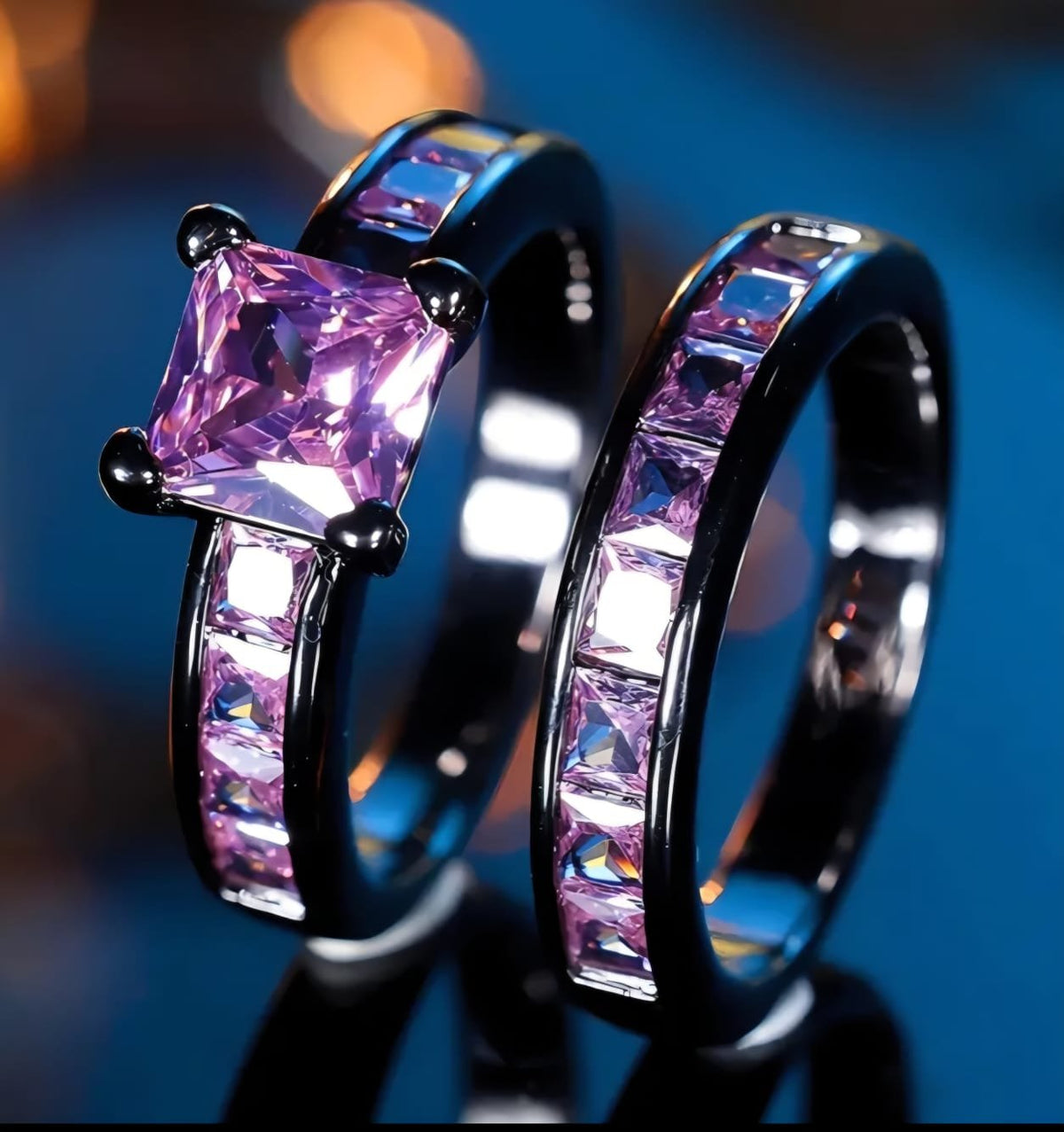 Elegant Lasies Copper 2pcs Black Ring With Cubic Synthetic Zirconia Stone