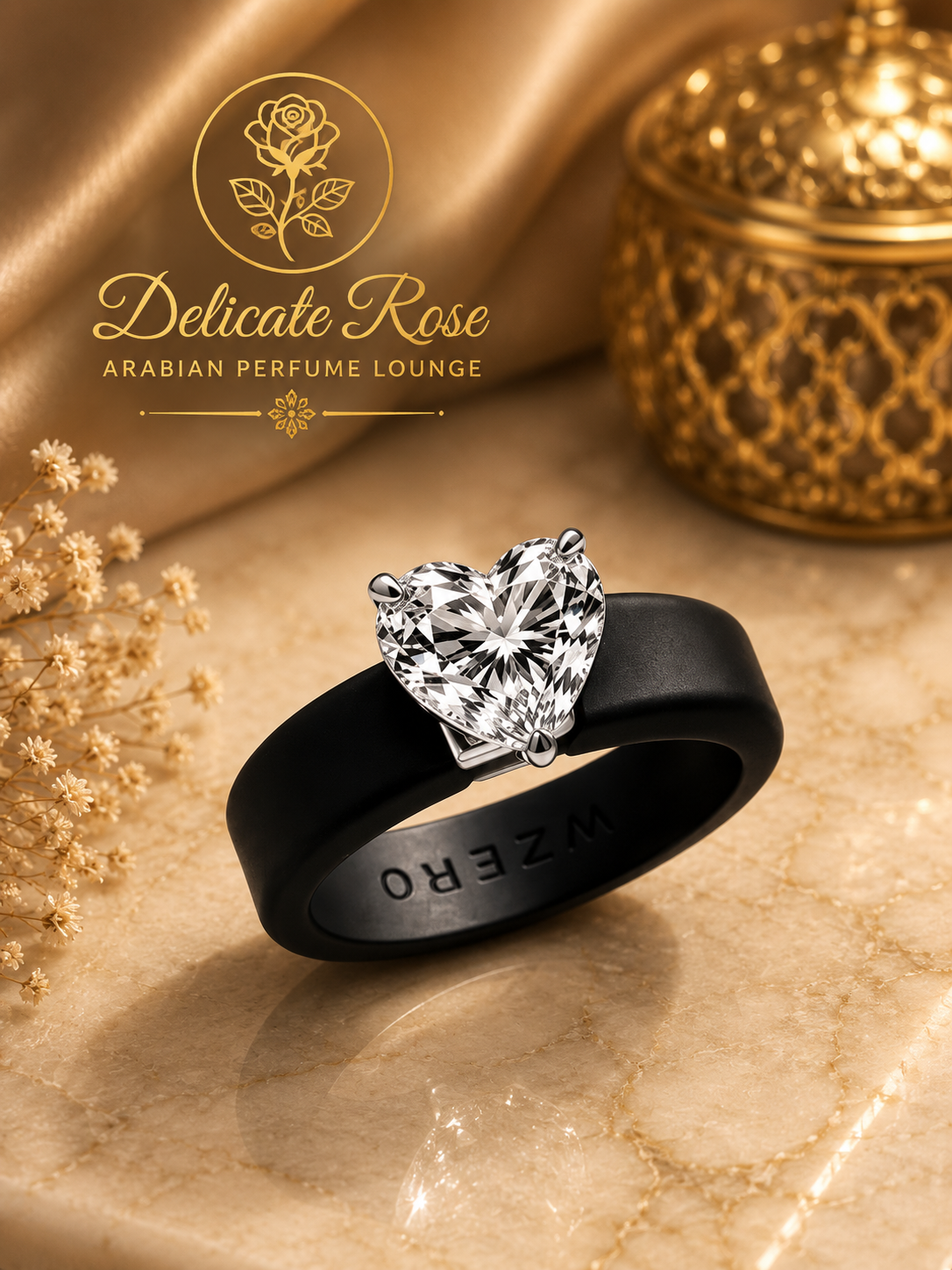 Black rubber wedding band with silver heart stone