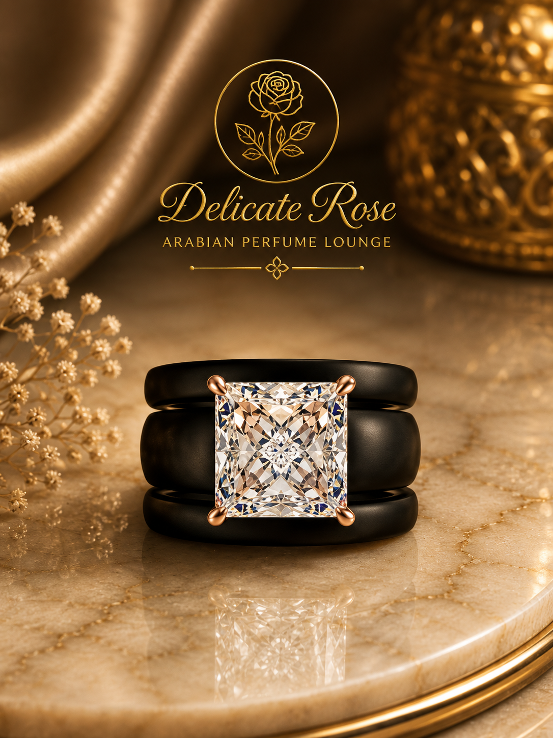 3 Layerd black wedding ring with golden stone