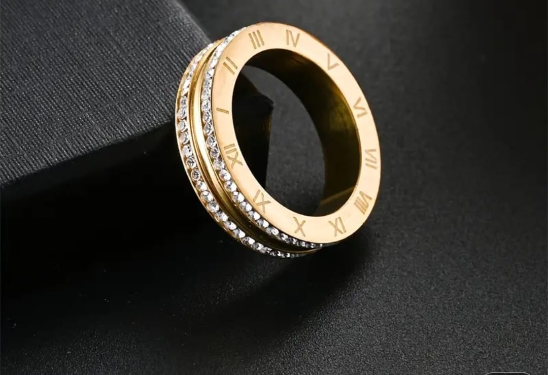 Roman Numeral gold stainless steel Rhinestone ring size 7