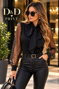 Polka Dot Mesh Tie Neck Blouse