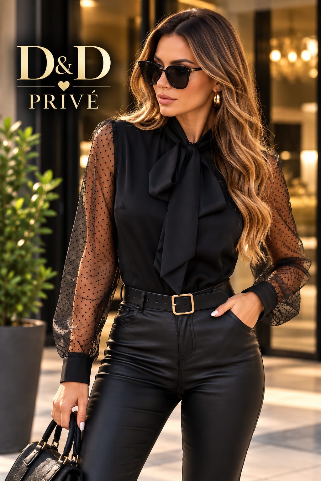 Polka Dot Mesh Tie Neck Blouse