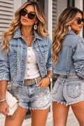Beaded Oversized Loose Fit Long Sleeve Denim Jacket