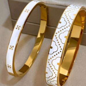 18K gold plated stainless steel Vintage white enamel clover bangle set